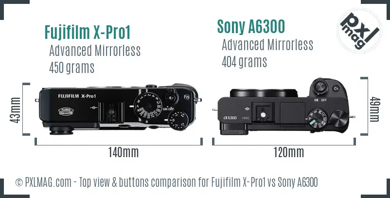 Fujifilm X-Pro1 vs Sony A6300 top view buttons comparison