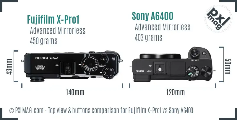 Fujifilm X-Pro1 vs Sony A6400 top view buttons comparison