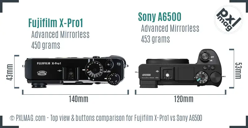 Fujifilm X-Pro1 vs Sony A6500 top view buttons comparison