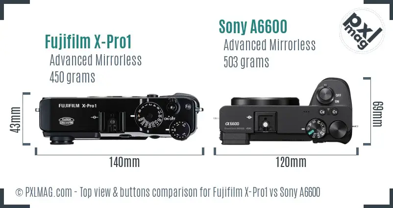 Fujifilm X-Pro1 vs Sony A6600 top view buttons comparison