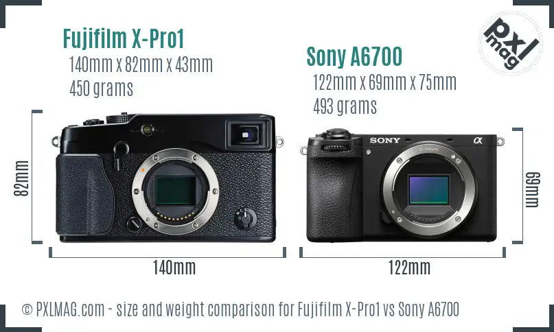 Fujifilm X-Pro1 vs Sony A6700 size comparison
