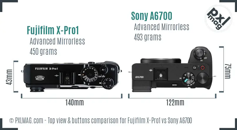 Fujifilm X-Pro1 vs Sony A6700 top view buttons comparison