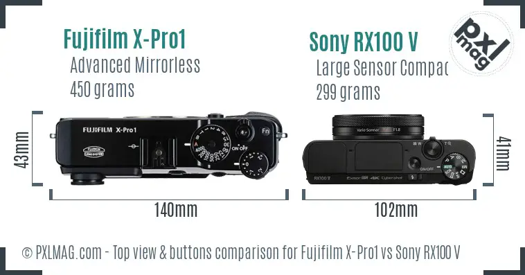 Fujifilm X-Pro1 vs Sony RX100 V top view buttons comparison Fujifilm X-Pro1 vs Sony RX100 V top view buttons comparison