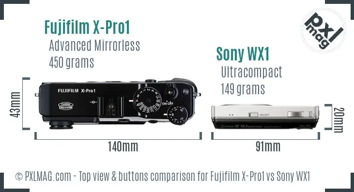 Fujifilm X-Pro1 vs Sony WX1 top view buttons comparison
