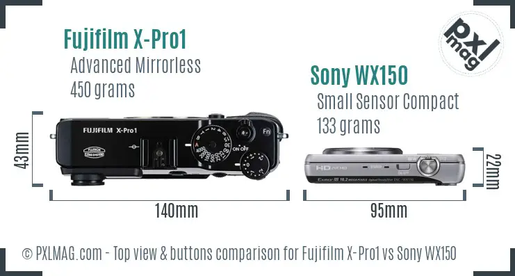 Fujifilm X-Pro1 vs Sony WX150 top view buttons comparison