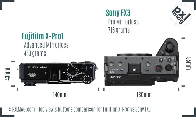 Fujifilm X-Pro1 vs Sony FX3 top view buttons comparison