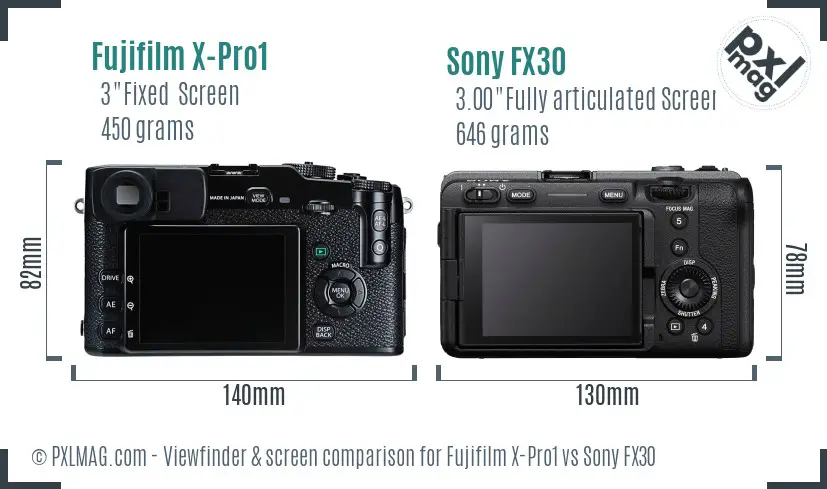 Fujifilm X-Pro1 vs Sony FX30 Screen and Viewfinder comparison