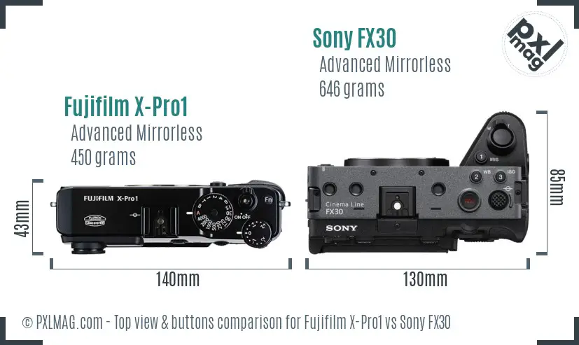 Fujifilm X-Pro1 vs Sony FX30 top view buttons comparison