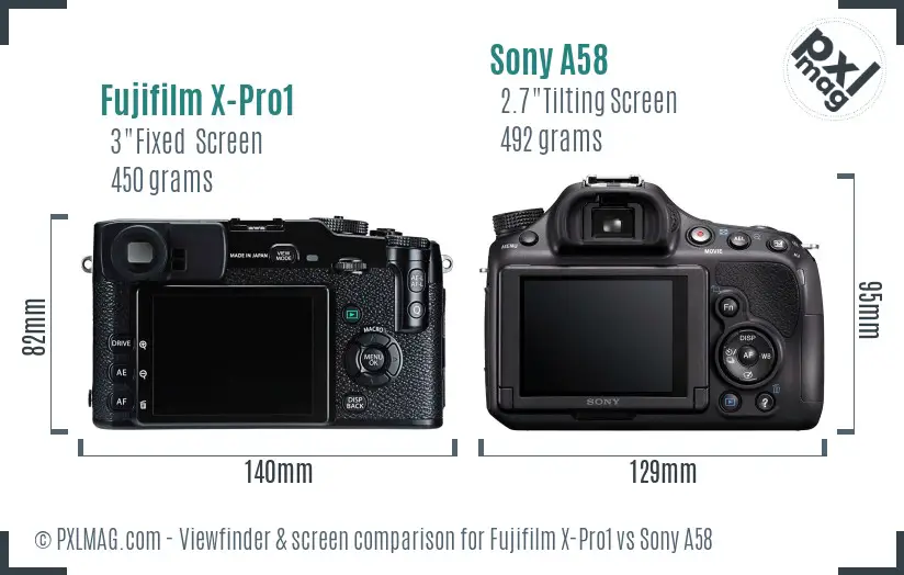 Fujifilm X-Pro1 vs Sony A58 Screen and Viewfinder comparison