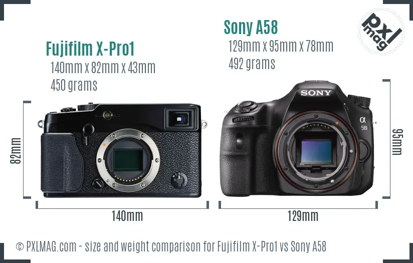 Fujifilm X-Pro1 vs Sony A58 size comparison