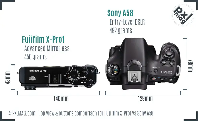 Fujifilm X-Pro1 vs Sony A58 top view buttons comparison
