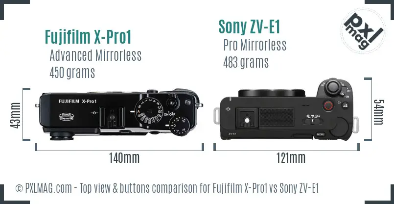 Fujifilm X-Pro1 vs Sony ZV-E1 top view buttons comparison