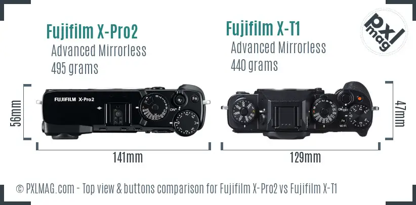 Fujifilm X-Pro2 vs Fujifilm X-T1 top view buttons comparison