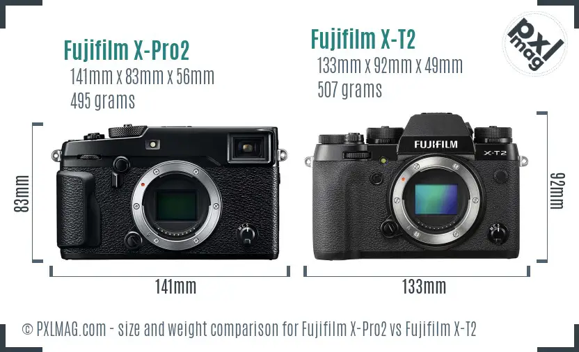 Fujifilm X-Pro2 vs Fujifilm X-T2 size comparison
