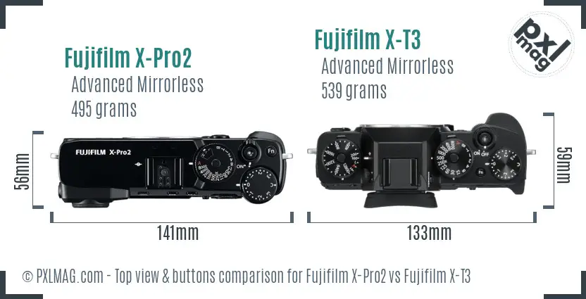 Fujifilm X-Pro2 vs Fujifilm X-T3 top view buttons comparison