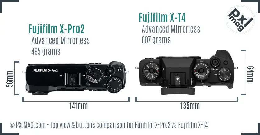 Fujifilm X-Pro2 vs Fujifilm X-T4 top view buttons comparison