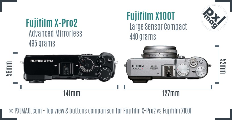 Fujifilm X-Pro2 vs Fujifilm X100T top view buttons comparison