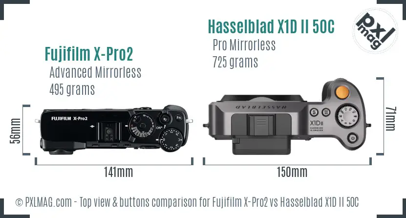 Fujifilm X-Pro2 vs Hasselblad X1D II 50C top view buttons comparison