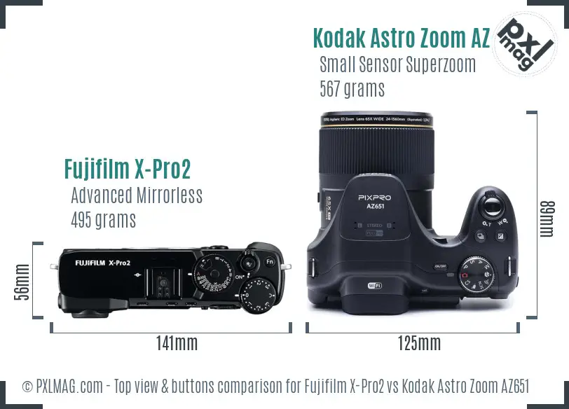 Fujifilm X-Pro2 vs Kodak Astro Zoom AZ651 top view buttons comparison