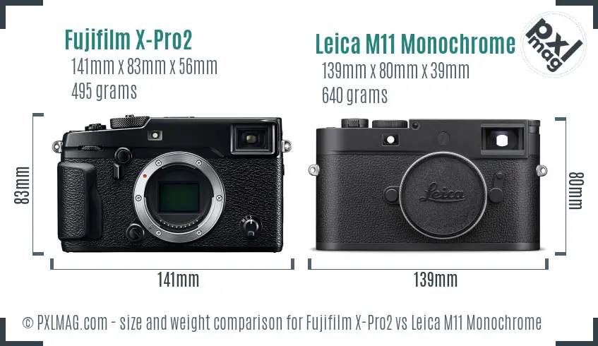 Fujifilm X-Pro2 vs Leica M11 Monochrome size comparison