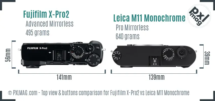 Fujifilm X-Pro2 vs Leica M11 Monochrome top view buttons comparison