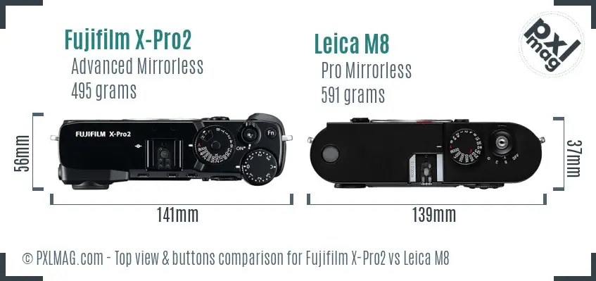 Fujifilm X-Pro2 vs Leica M8 top view buttons comparison