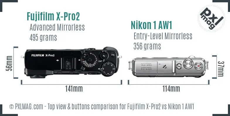 Fujifilm X-Pro2 vs Nikon 1 AW1 top view buttons comparison