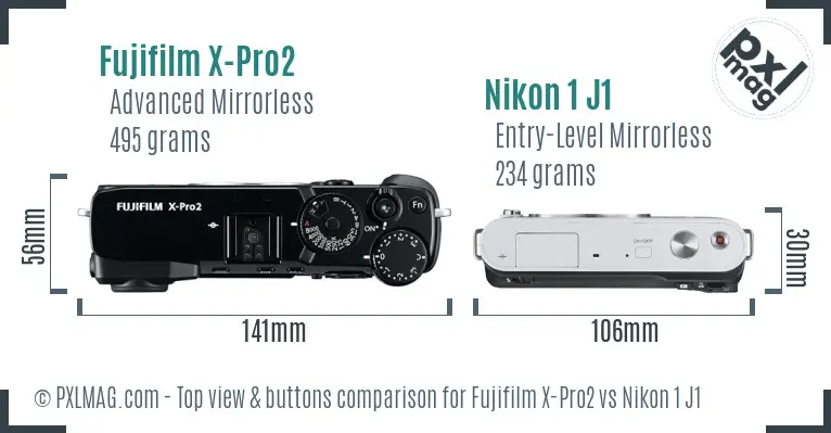 Fujifilm X-Pro2 vs Nikon 1 J1 top view buttons comparison