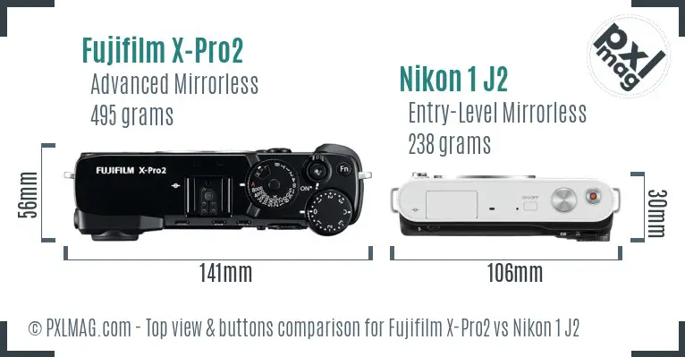 Fujifilm X-Pro2 vs Nikon 1 J2 top view buttons comparison Fujifilm X-Pro2 vs Nikon 1 J2 top view buttons comparison