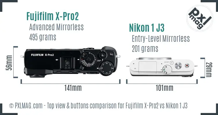 Fujifilm X-Pro2 vs Nikon 1 J3 top view buttons comparison