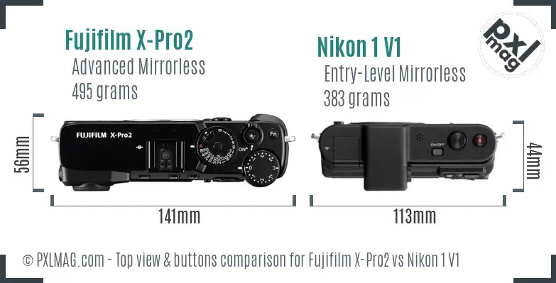 Fujifilm X-Pro2 vs Nikon 1 V1 top view buttons comparison Fujifilm X-Pro2 vs Nikon 1 V1 top view buttons comparison
