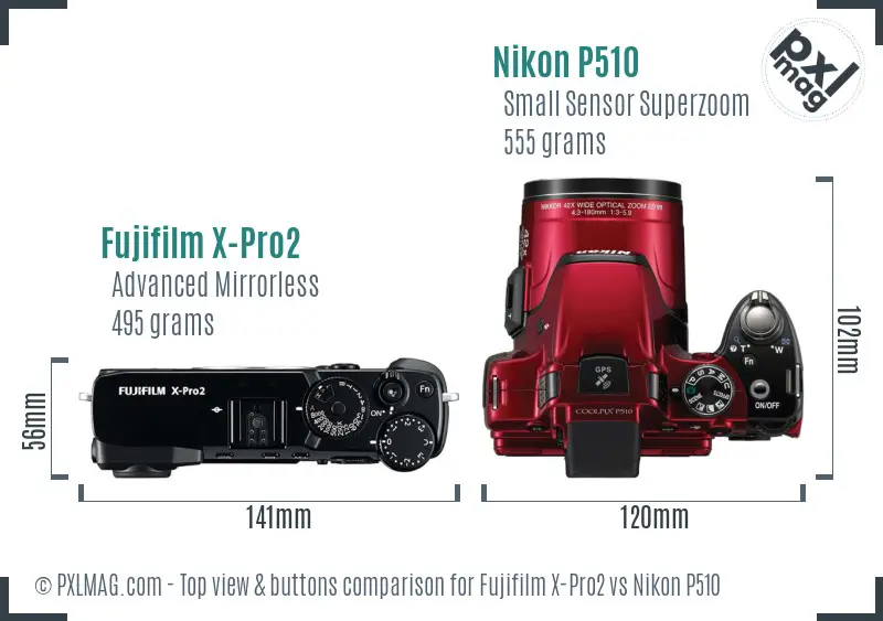 Fujifilm X-Pro2 vs Nikon P510 top view buttons comparison Fujifilm X-Pro2 vs Nikon P510 top view buttons comparison