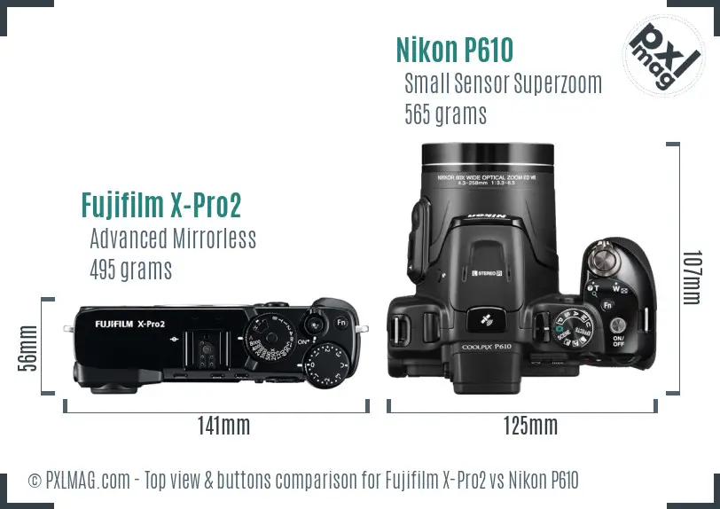 Fujifilm X-Pro2 vs Nikon P610 top view buttons comparison