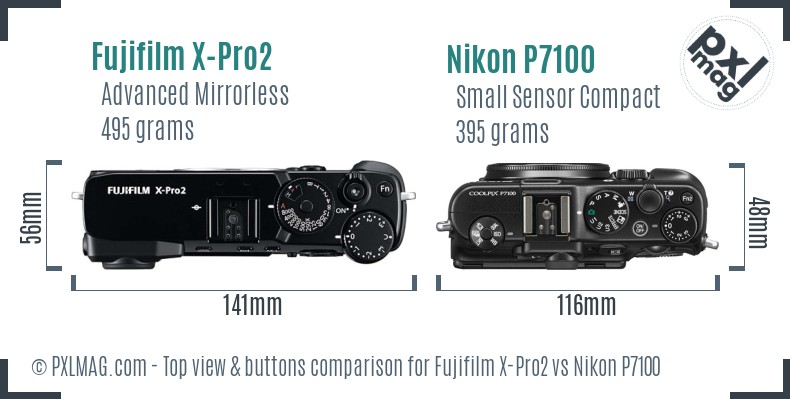Fujifilm X-Pro2 vs Nikon P7100 top view buttons comparison
