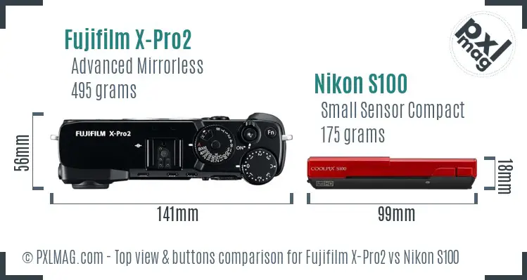 Fujifilm X-Pro2 vs Nikon S100 top view buttons comparison Fujifilm X-Pro2 vs Nikon S100 top view buttons comparison