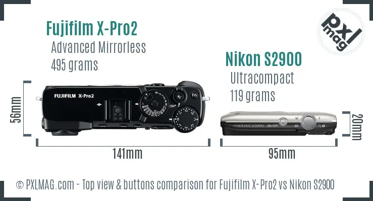 Fujifilm X-Pro2 vs Nikon S2900 top view buttons comparison Fujifilm X-Pro2 vs Nikon S2900 top view buttons comparison