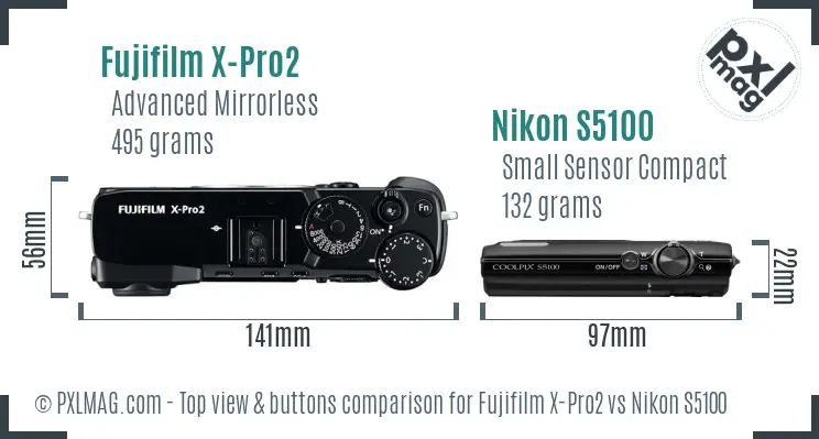 Fujifilm X-Pro2 vs Nikon S5100 top view buttons comparison Fujifilm X-Pro2 vs Nikon S5100 top view buttons comparison