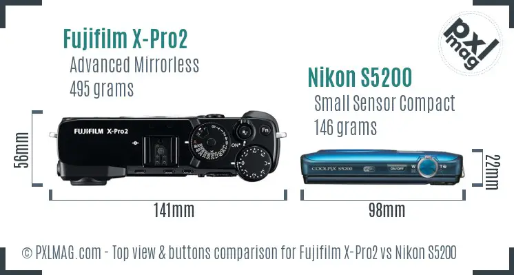 Fujifilm X-Pro2 vs Nikon S5200 top view buttons comparison