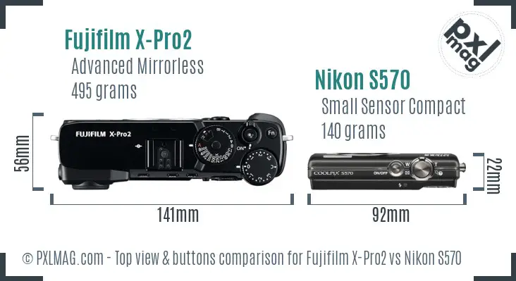 Fujifilm X-Pro2 vs Nikon S570 top view buttons comparison