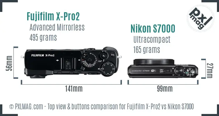 Fujifilm X-Pro2 vs Nikon S7000 top view buttons comparison Fujifilm X-Pro2 vs Nikon S7000 top view buttons comparison