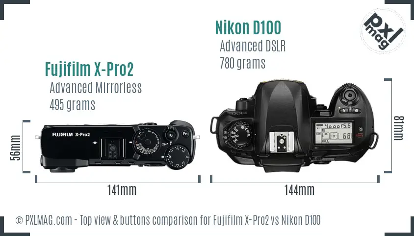 Fujifilm X-Pro2 vs Nikon D100 top view buttons comparison Fujifilm X-Pro2 vs Nikon D100 top view buttons comparison