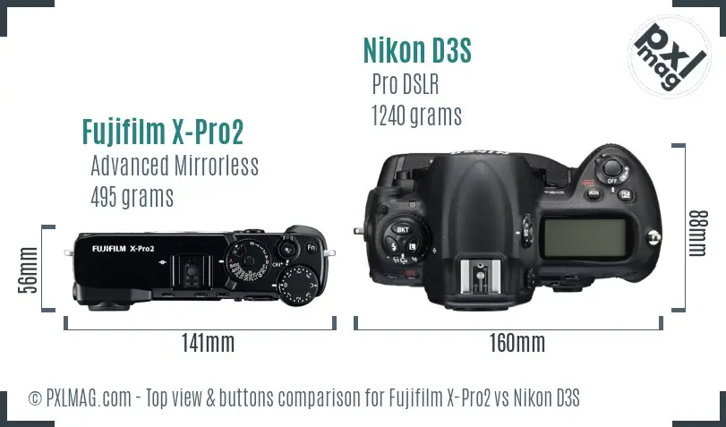 Fujifilm X-Pro2 vs Nikon D3S top view buttons comparison Fujifilm X-Pro2 vs Nikon D3S top view buttons comparison