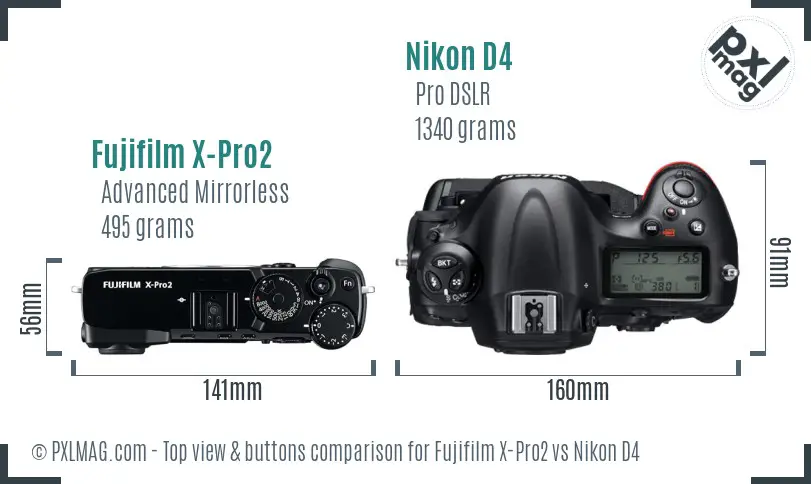 Fujifilm X-Pro2 vs Nikon D4 top view buttons comparison Fujifilm X-Pro2 vs Nikon D4 top view buttons comparison
