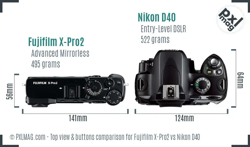 Fujifilm X-Pro2 vs Nikon D40 top view buttons comparison Fujifilm X-Pro2 vs Nikon D40 top view buttons comparison