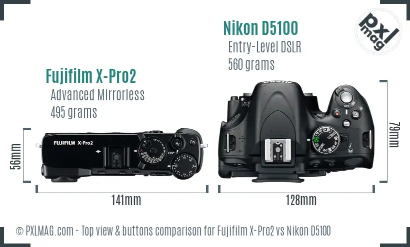 Fujifilm X-Pro2 vs Nikon D5100 top view buttons comparison