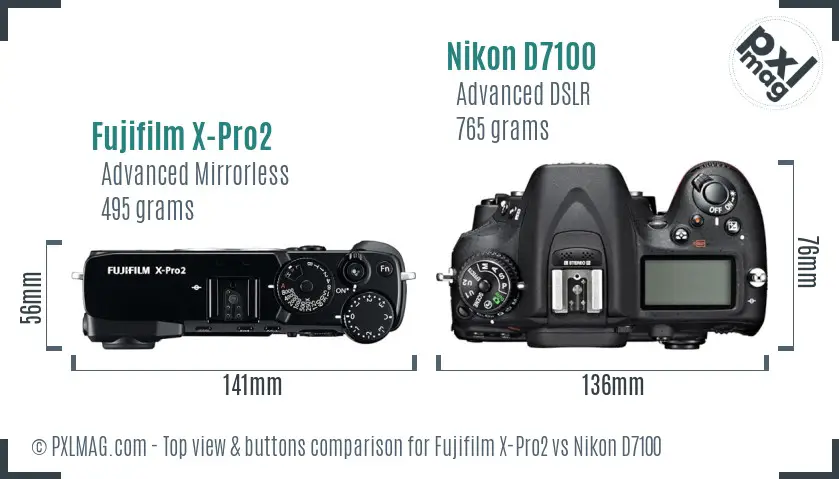 Fujifilm X-Pro2 vs Nikon D7100 top view buttons comparison Fujifilm X-Pro2 vs Nikon D7100 top view buttons comparison