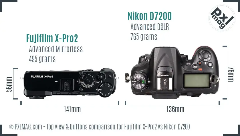 Fujifilm X-Pro2 vs Nikon D7200 top view buttons comparison