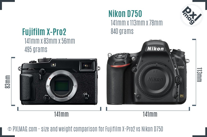 Fujifilm X-Pro2 vs Nikon D750 size comparison