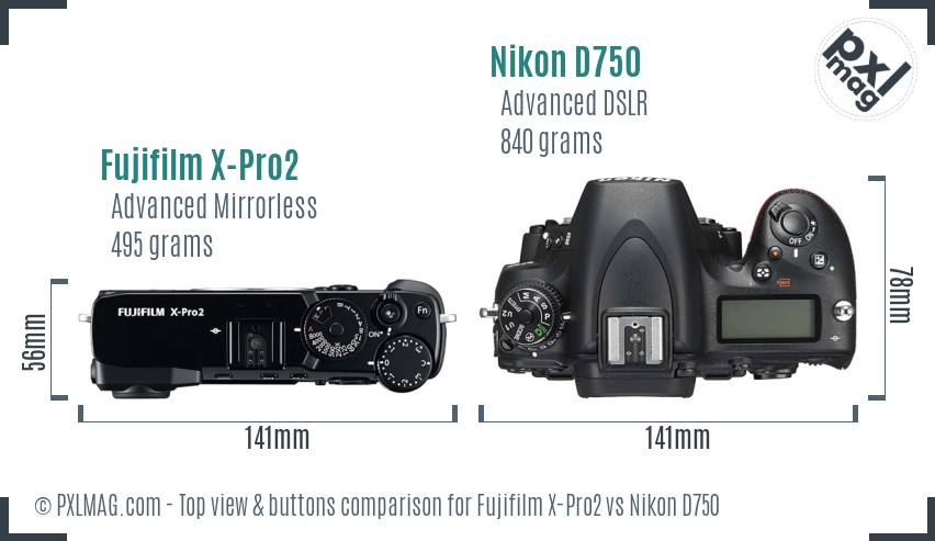 Fujifilm X-Pro2 vs Nikon D750 top view buttons comparison