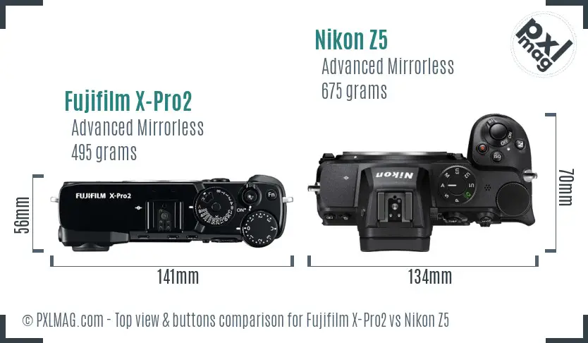 Fujifilm X-Pro2 vs Nikon Z5 top view buttons comparison